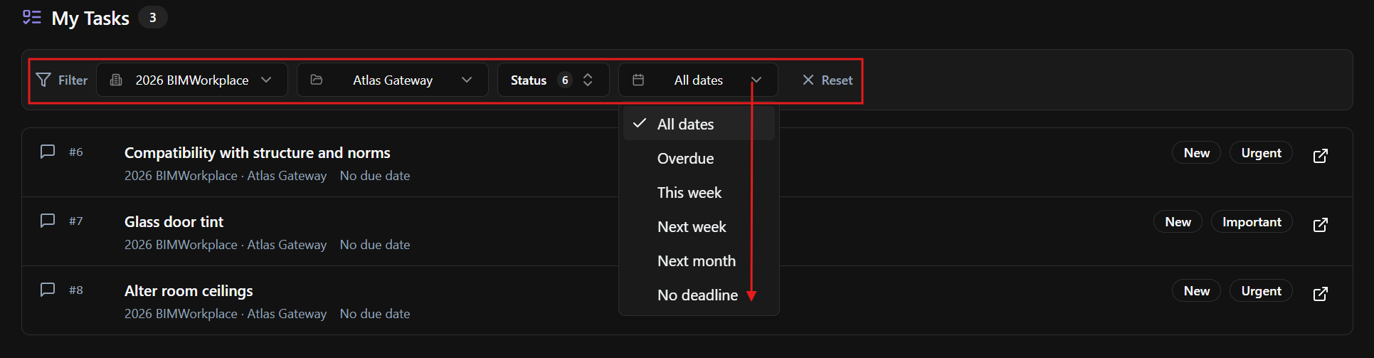BIMWorkplace Home page My Tasks filters showing options to filter assigned Design topics by Workplace, project, status, and date.