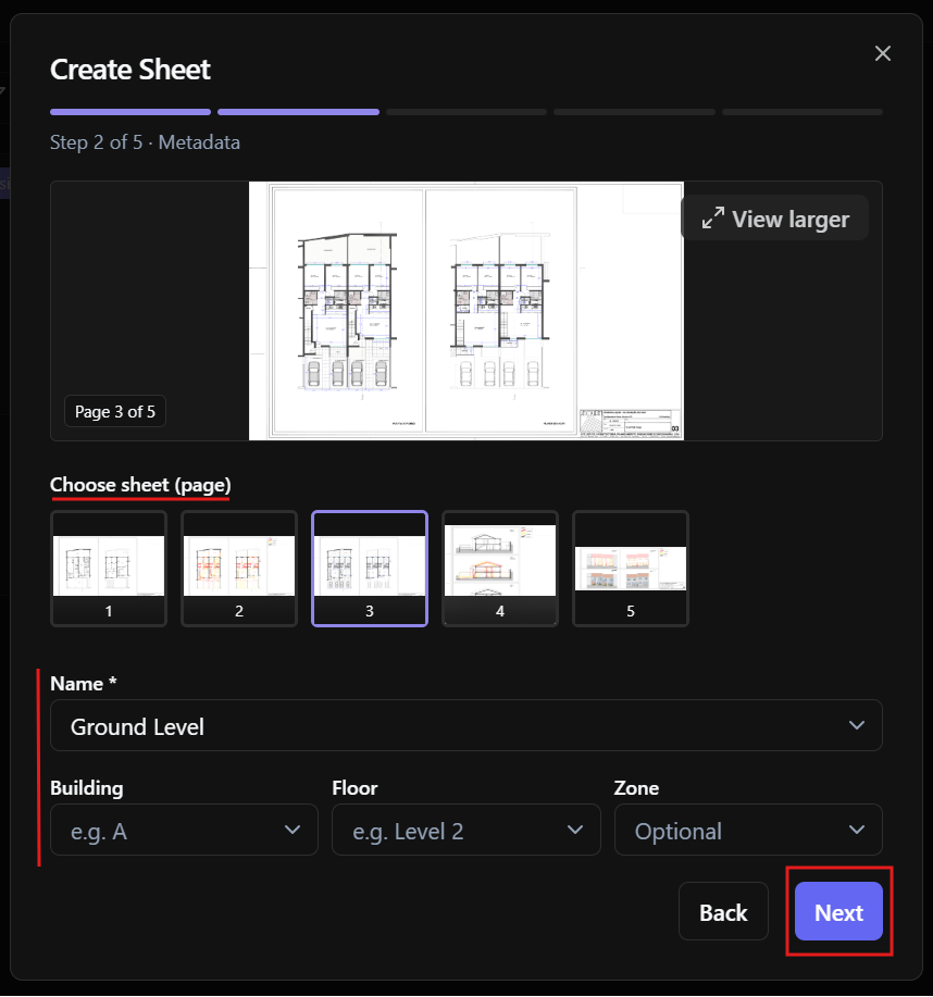 PDF page selection and sheet information window