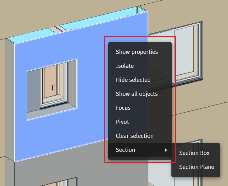 Right-click context menu open on a selected model element with submenu open with Section options.]