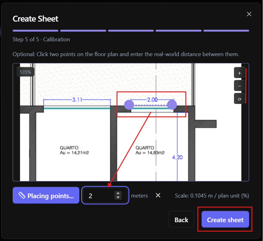 Floor plan calibration tool showing two selected points