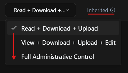 Permissions panel in a subfolder showing inherited permission and available higher permission levels.
