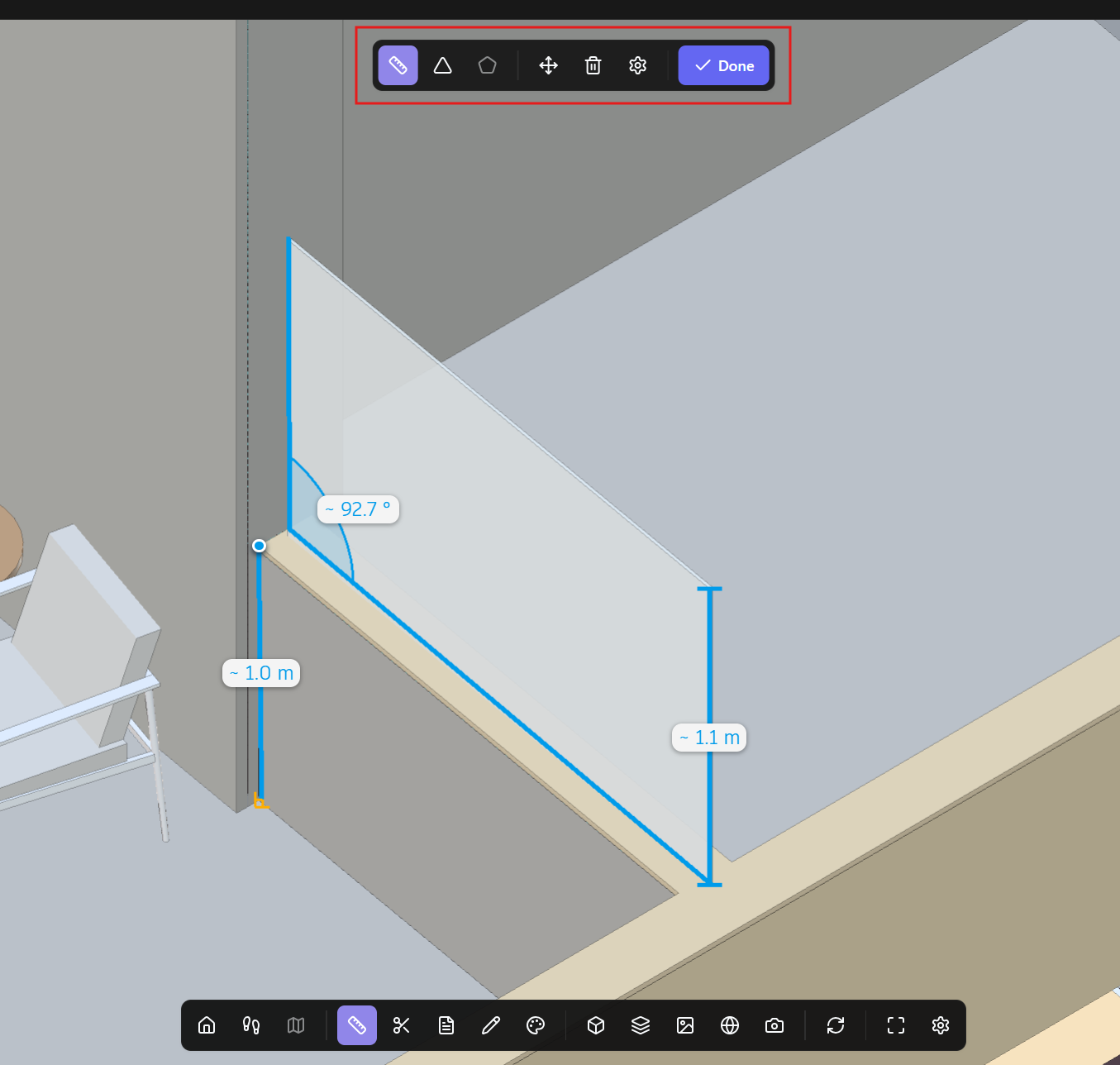 Measure tool active, showing distance and angle measurement options in 3D.