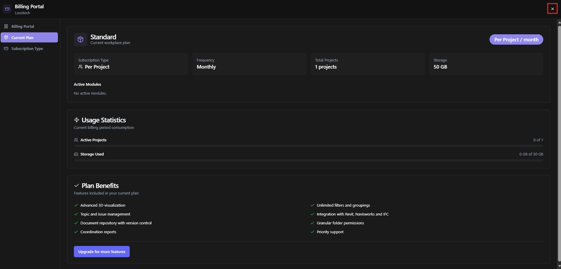 Final BIMWorkplace summary page after returning from Stripe with X button highlighted in the top-right corner of the final summary page.