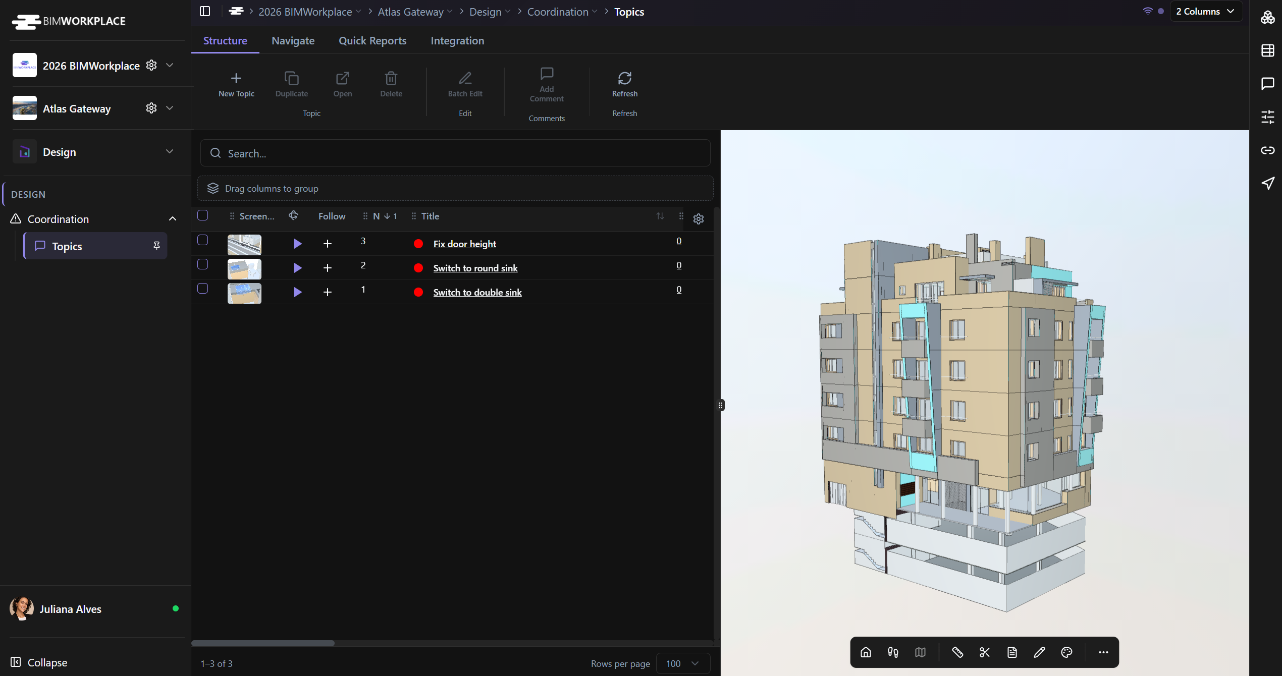 BIMWorkplace Design module showing project topics, coordination issues, viewpoints, and status tracking in a cloud-based BIM environment.