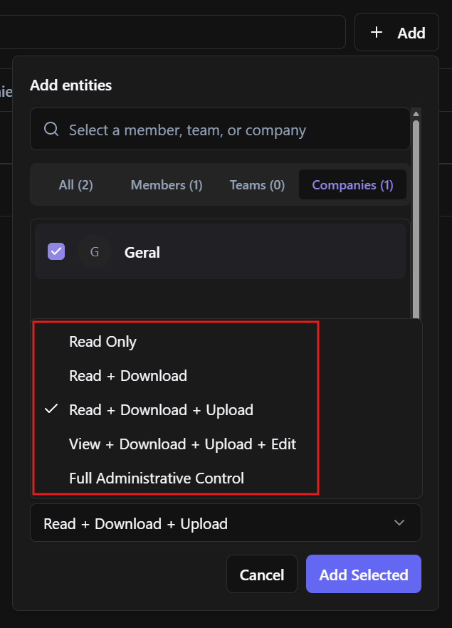 Add permissions window showing user, team, or company selection.