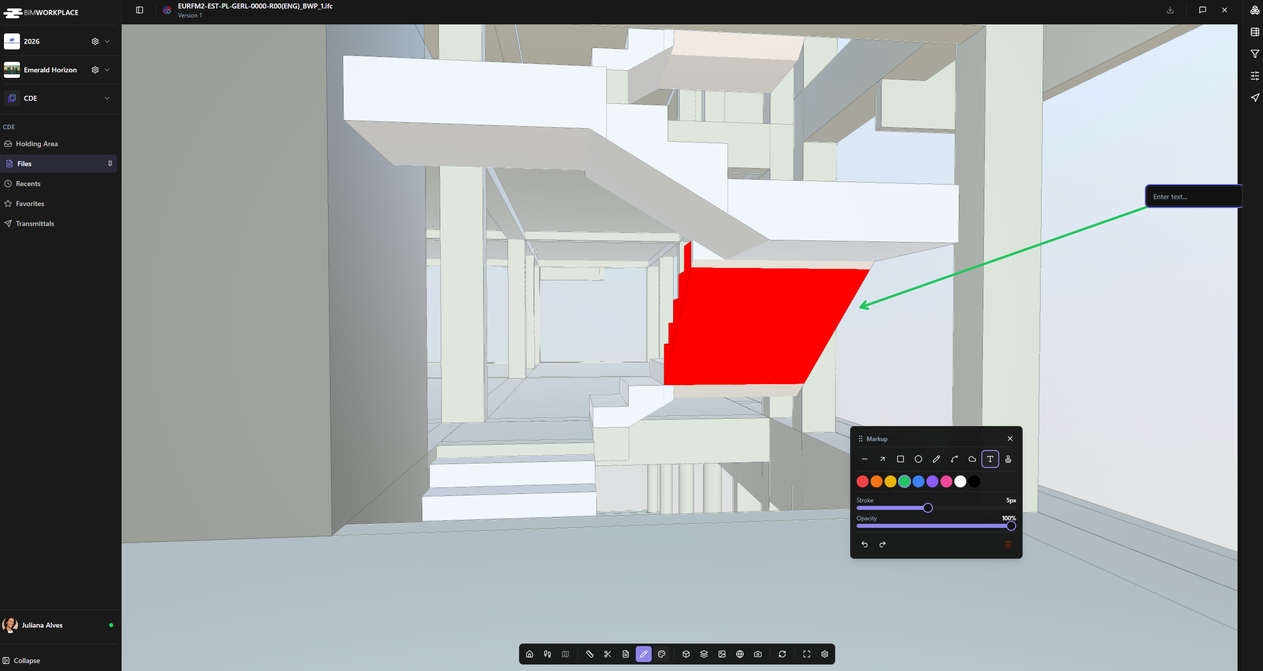 BIMWorkplace CDE viewer showing an open structural 3D model with visual markups for project review and coordination.