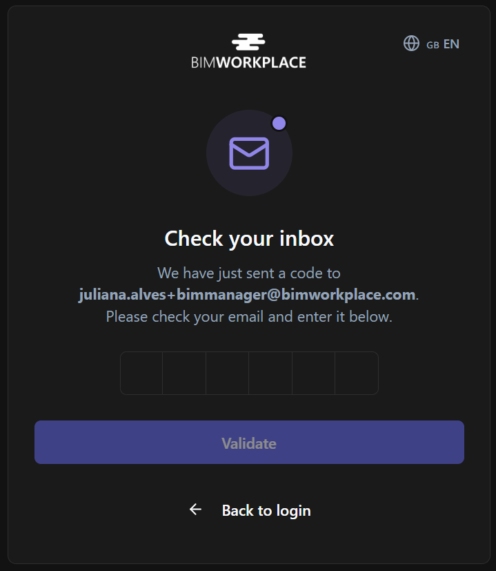 Email confirmation screen asking for the confirmation code.
