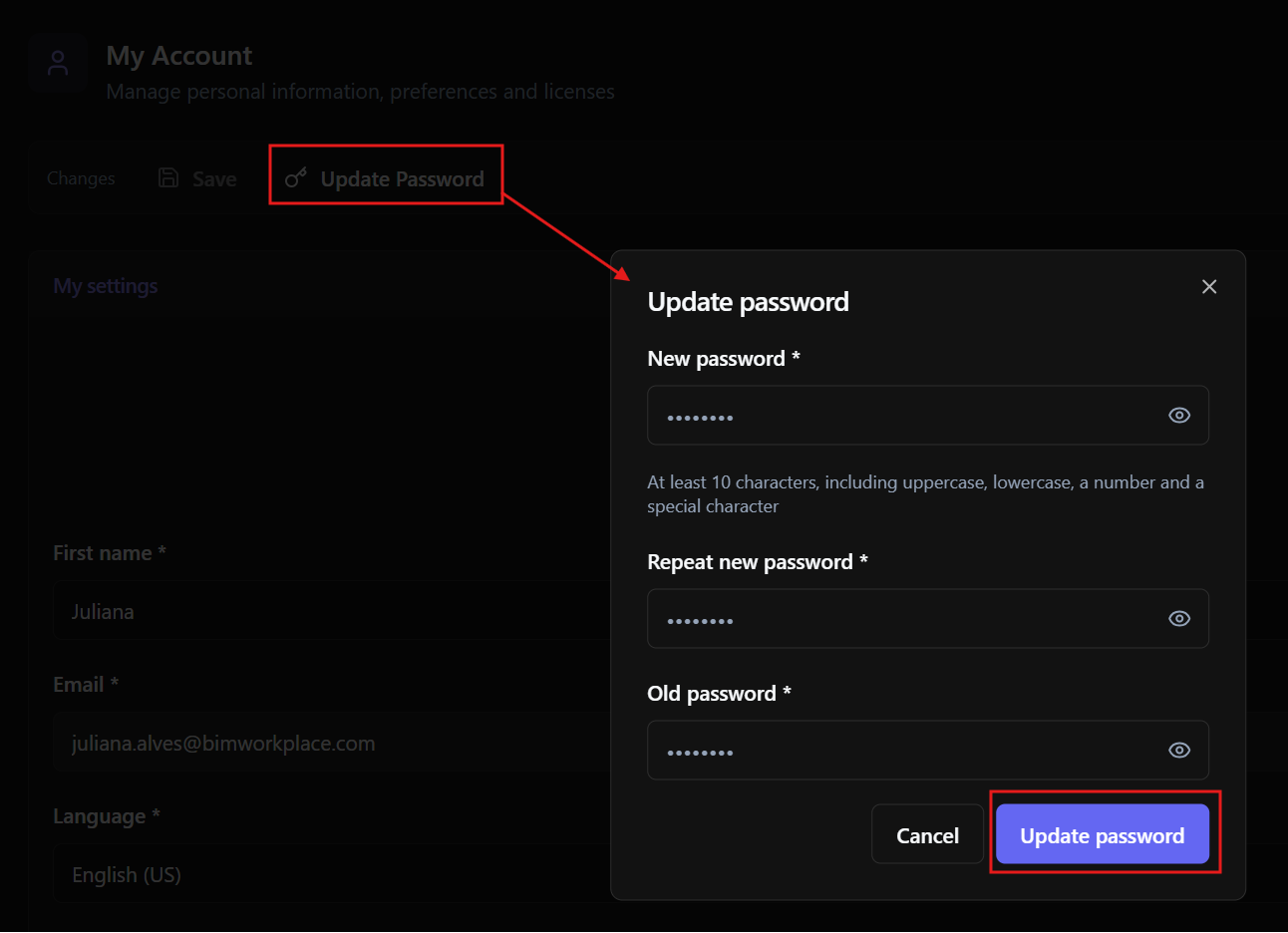Update Password button and pop-up