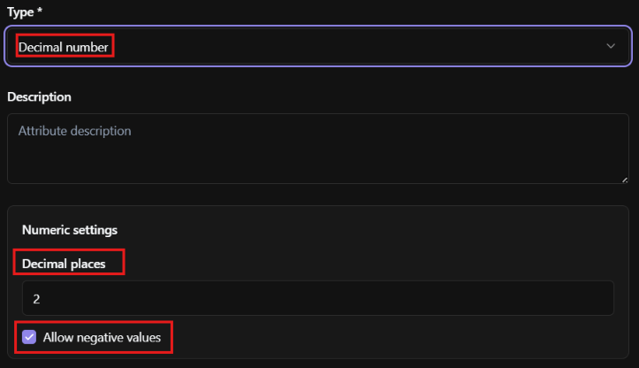 Custom attribute with Decimal number type selected, showing decimal places and negative number options.