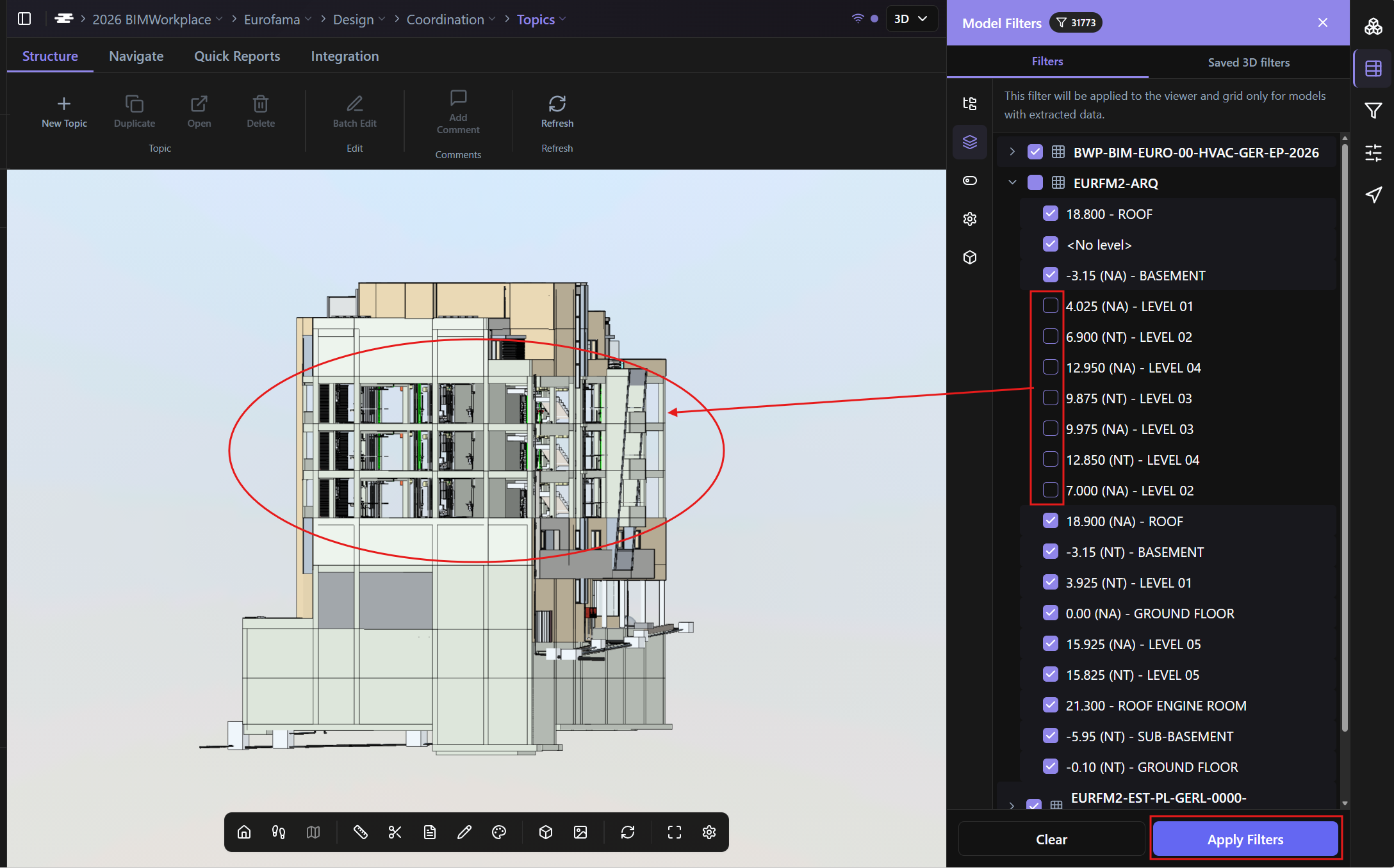 Level Filter panel showing multiple levels with checkboxes and model filtered to show only selected levels.