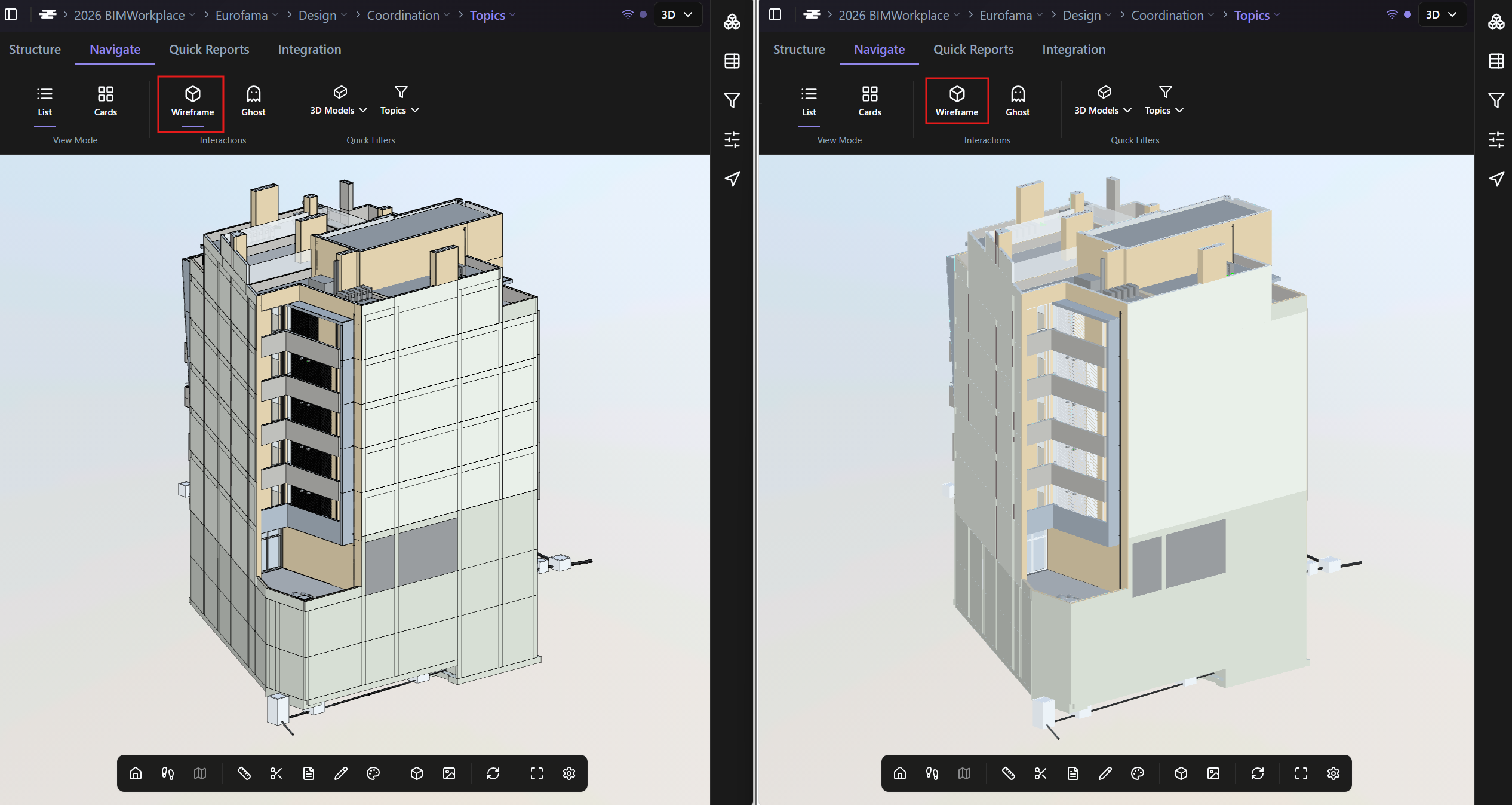 Same façade area with Wireframe turned on, showing individual wall segments, and turned off.