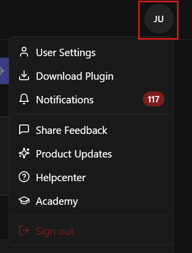 BIMWorkplace user menu dropdown showing access to User Settings, plugin download, notifications, quick links, and sign out.