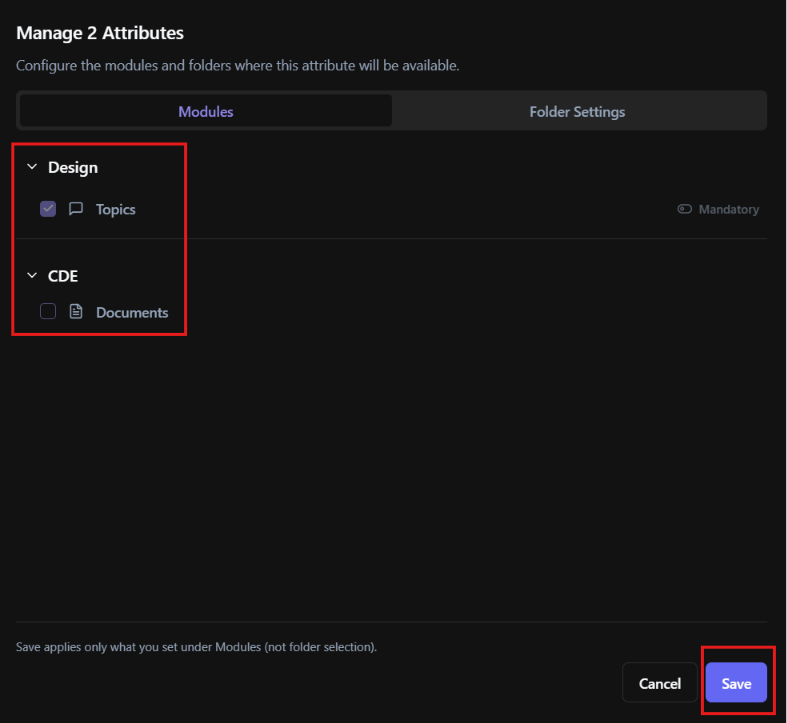 Manage Attribute panel showing module assignment options.