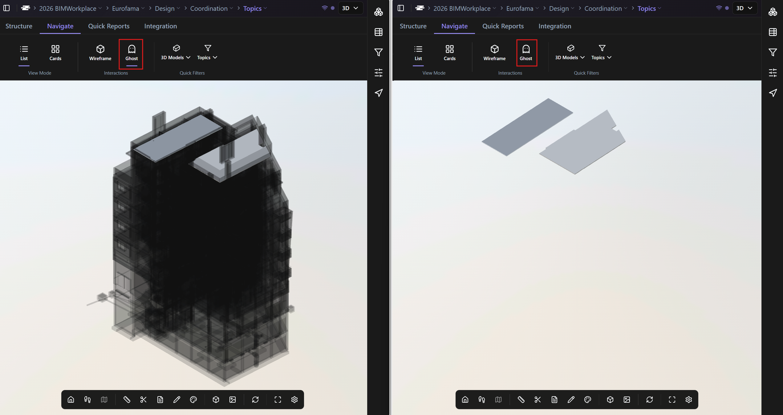 Isolated element with Ghost mode enabled, showing the rest of the model as a transparent shadow, and disabled.