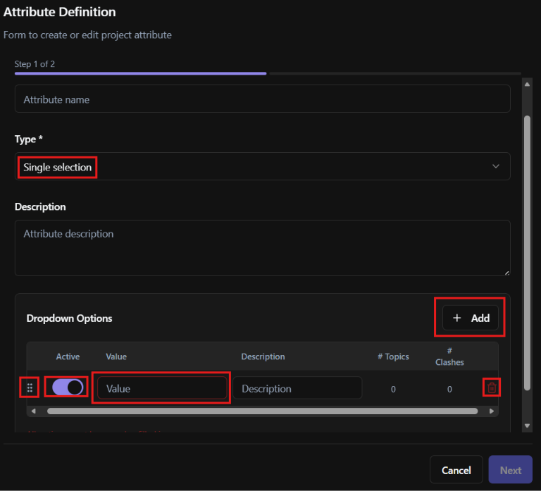 Custom attribute with Single Selection type selected and Dropdown values list with Add Row, reorder, active, and delete options.