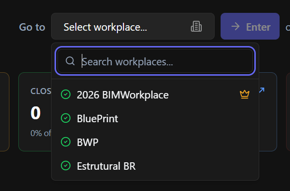 BIMWorkplace Home page workplace selection menu showing available Workplaces, with a crown icon indicating the Workplace owner.