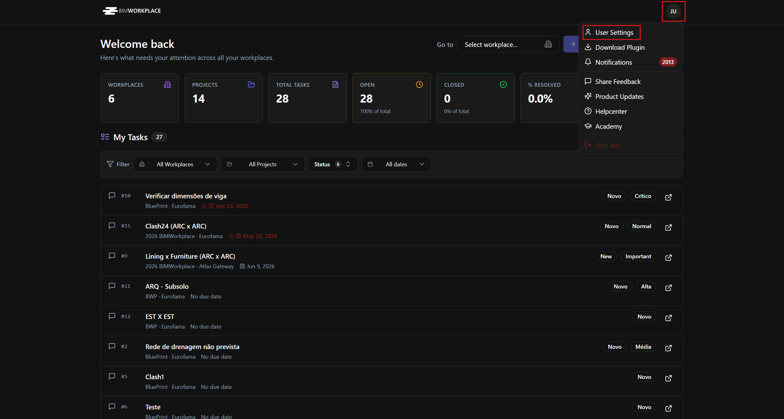 User menu open on Home Page with User Settings highlighted.