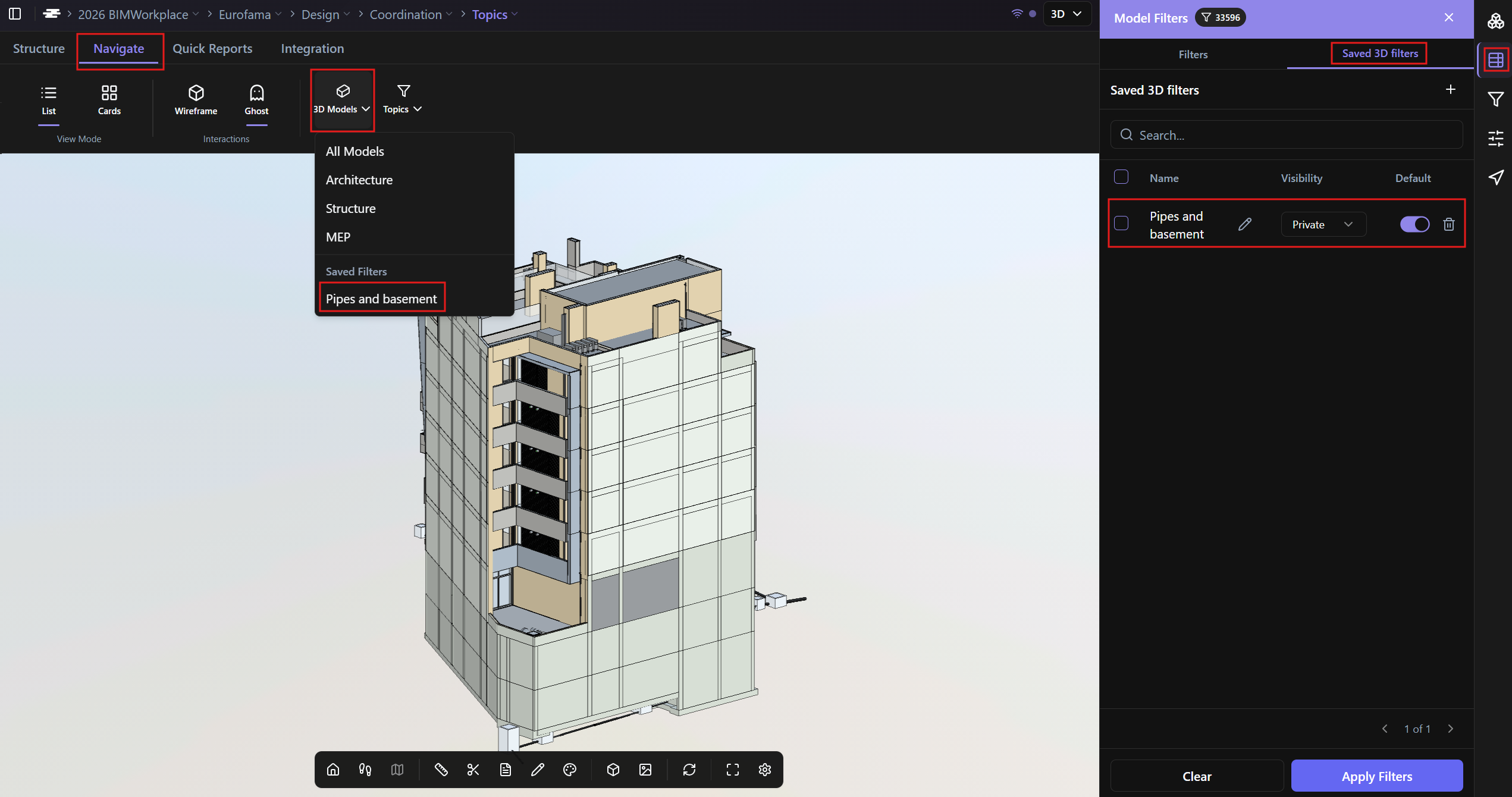 Saved Filters tab showing available saved filters and Navigate ribbon with the 3D Filters dropdown open.