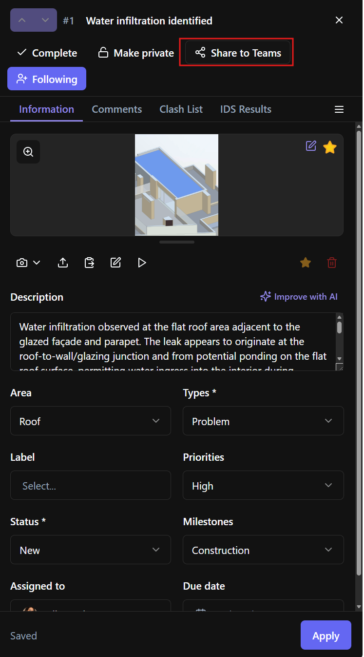 Share to Teams button inside an open topic