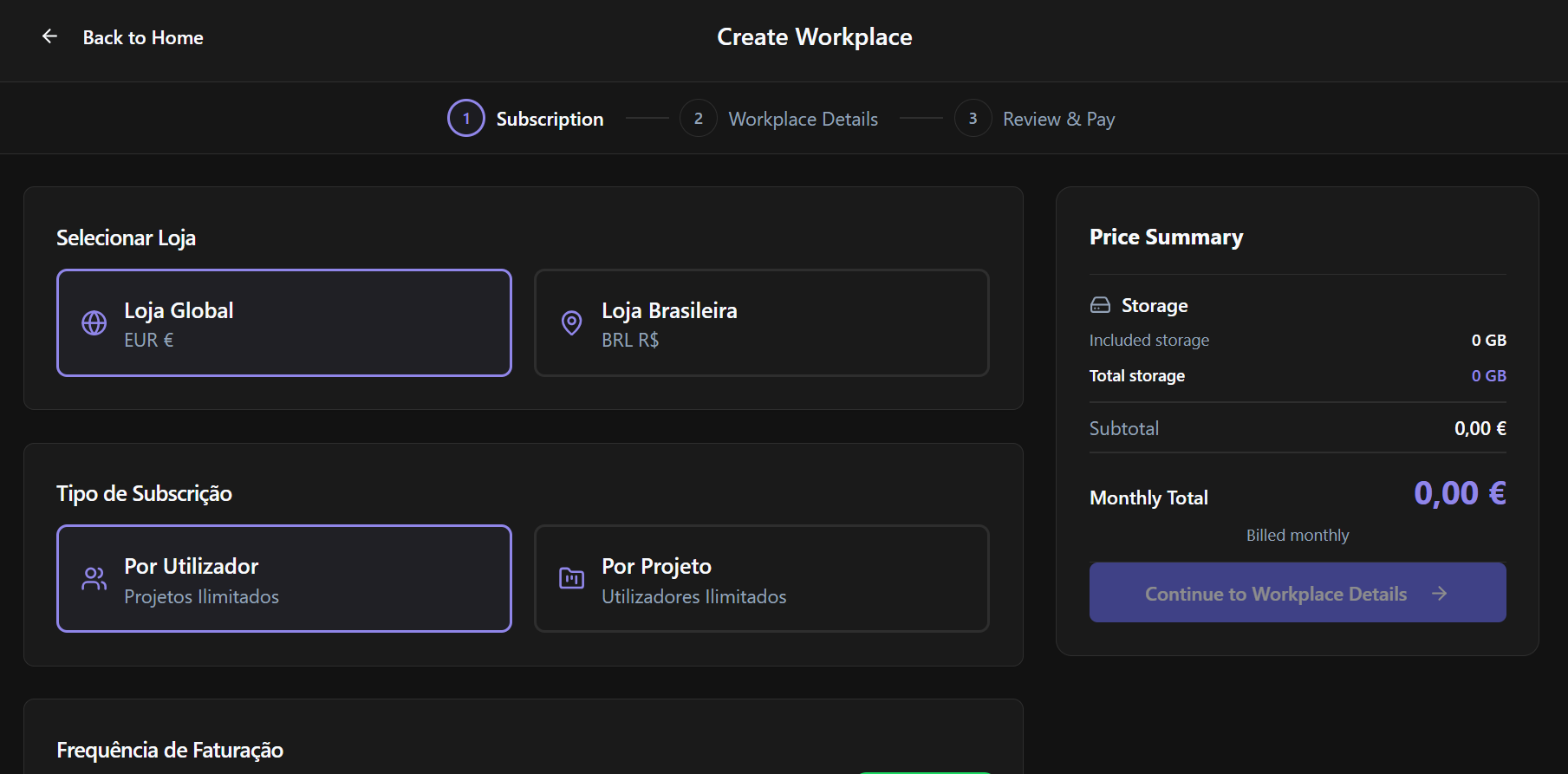 Module and subscription selection page during sign-up.