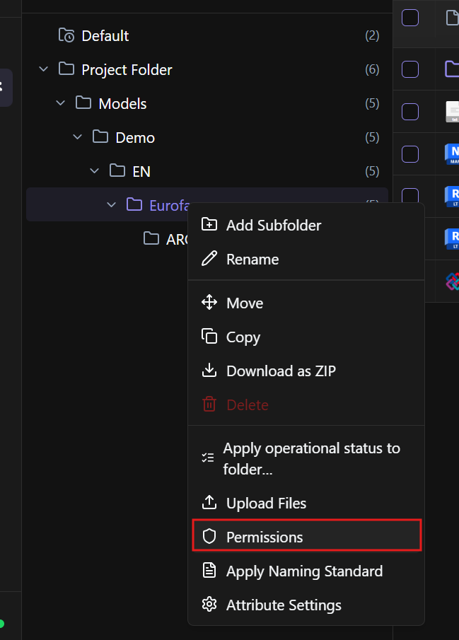 Right-click menu on a CDE folder with the Permissions option highlighted.