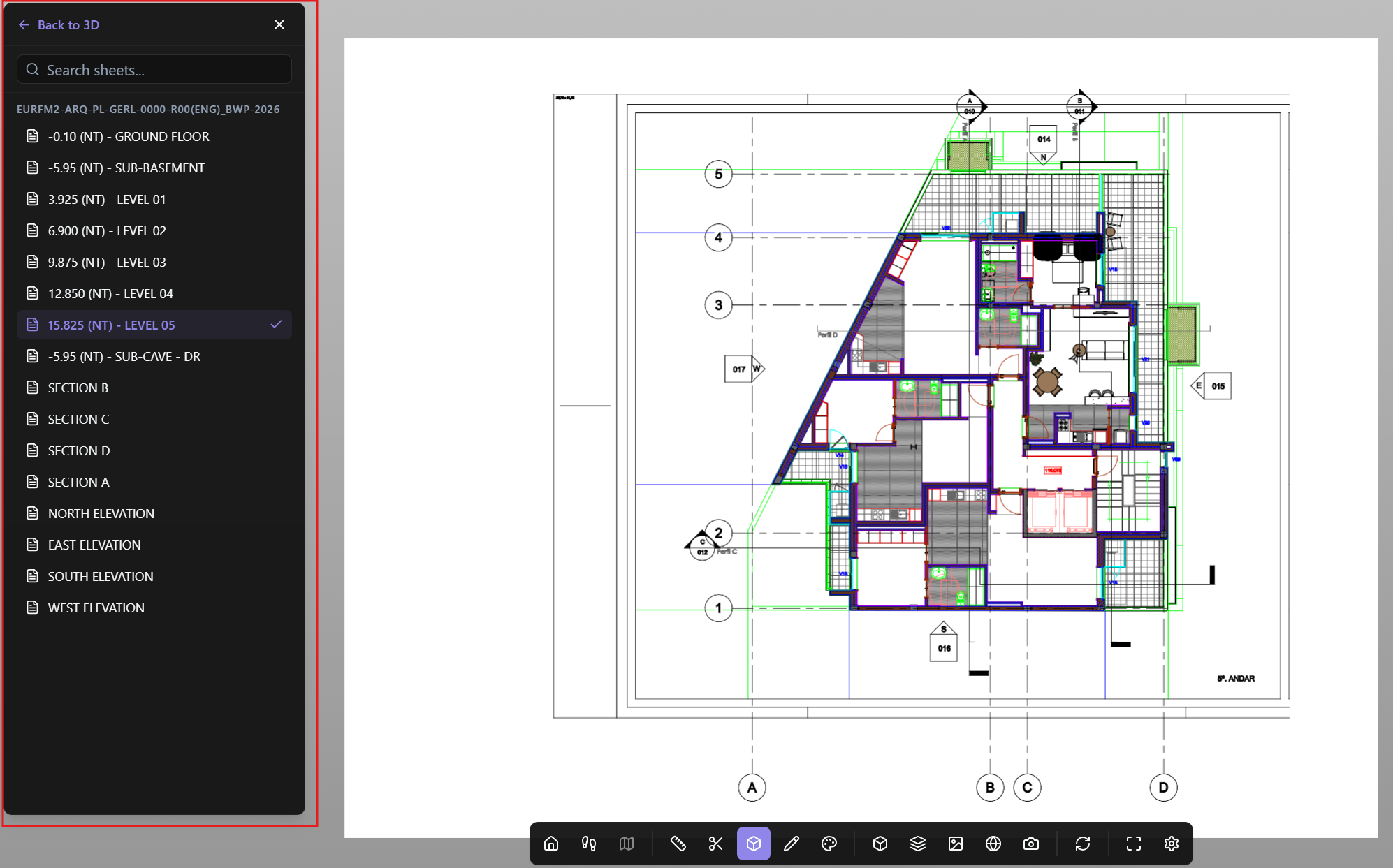 2D Sheets panel open, showing sheets imported with the model.