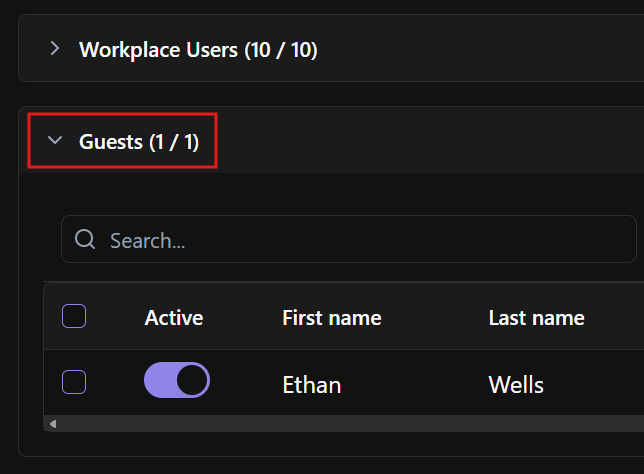 Workplace Users page showing Standard users and Guest users.