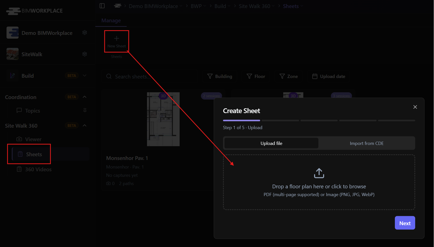 New Sheet button and upload window