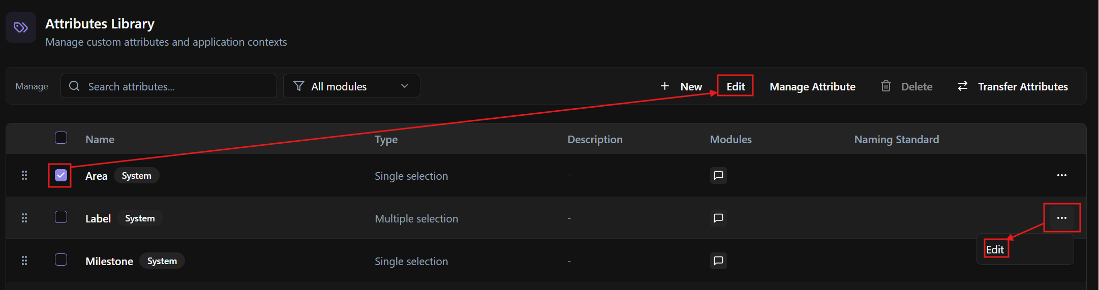 Attributes Library with an attribute selected and Edit highlighted and the meatball menu for an attribute.