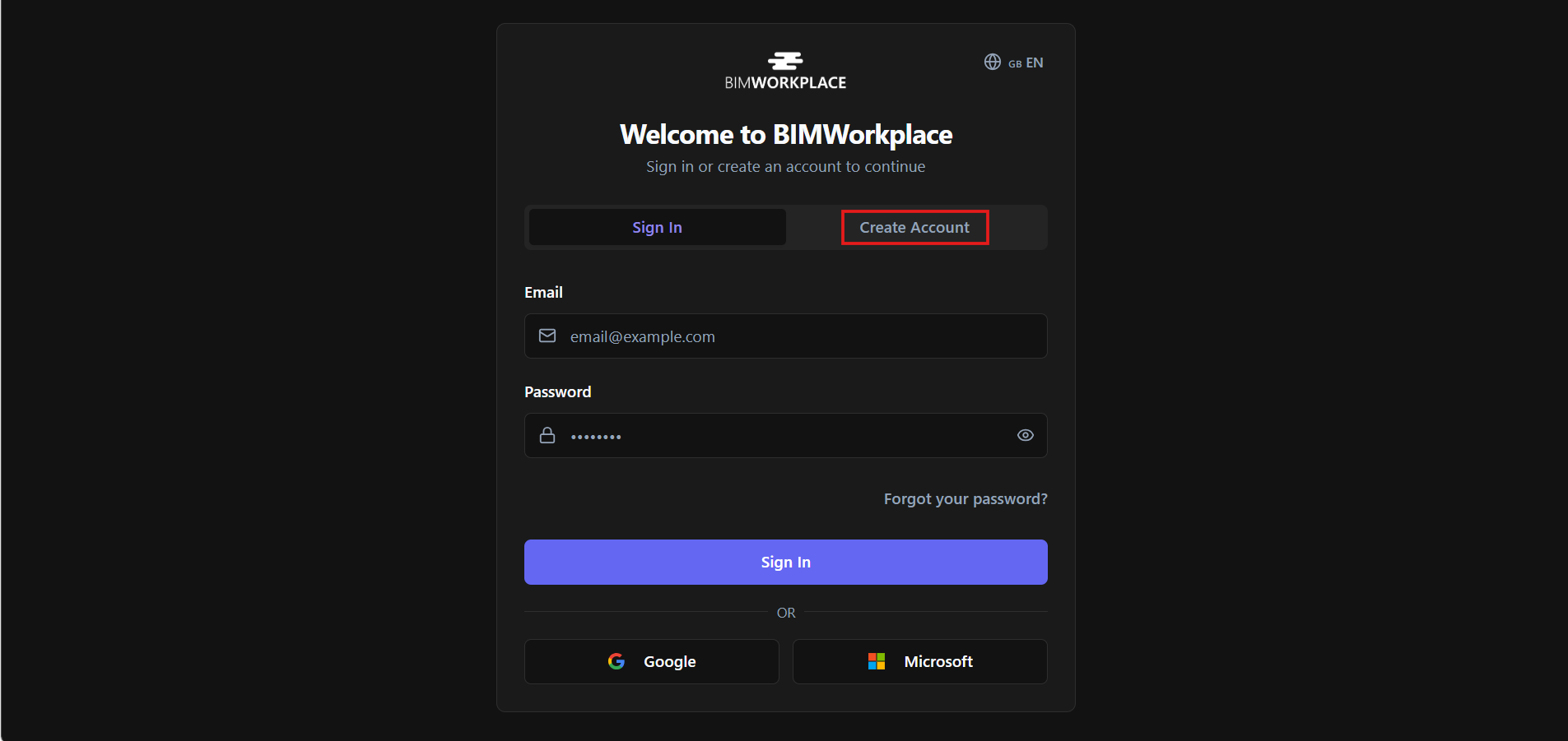 Login page showing the Create Account button.