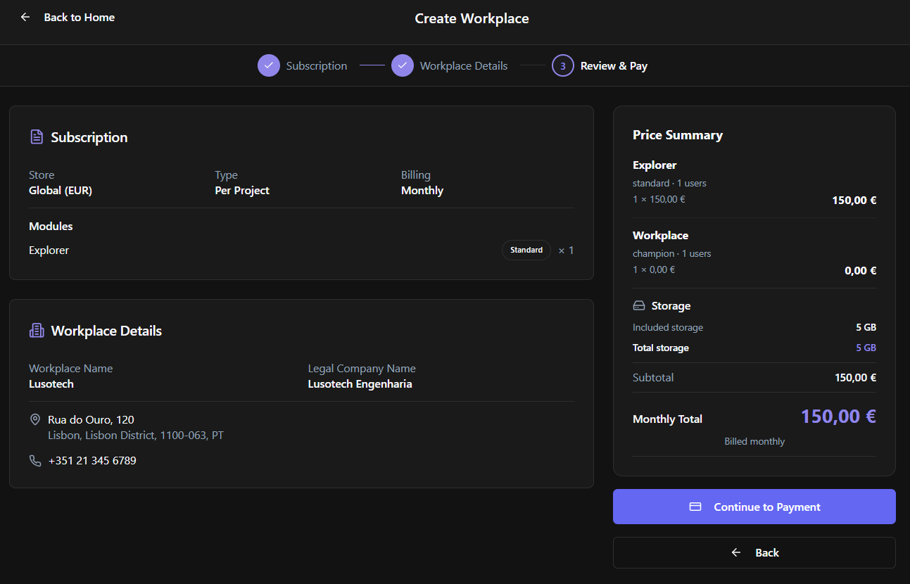 Summary page showing Workplace information and selected modules before payment.