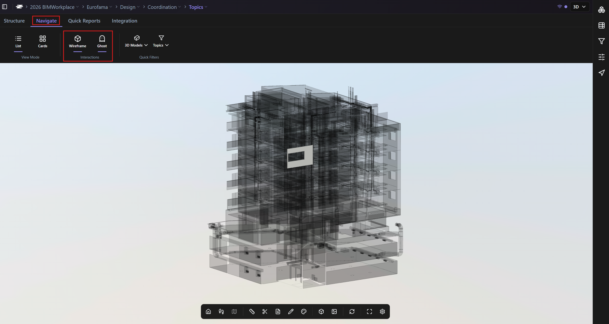 Navigate ribbon showing the Wireframe and Ghost buttons.