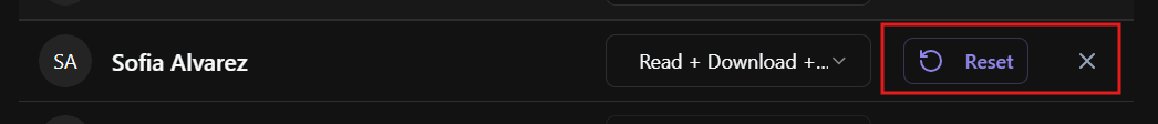 Subfolder permissions panel showing an upgraded permission and the Reset option.