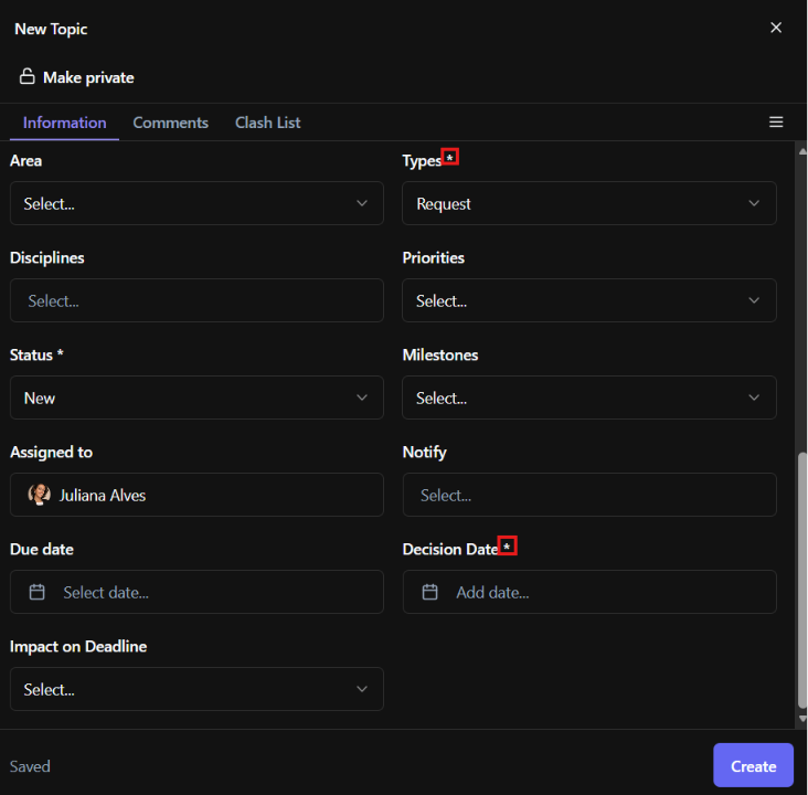 New Topic panel showing a mandatory Project Attribute.