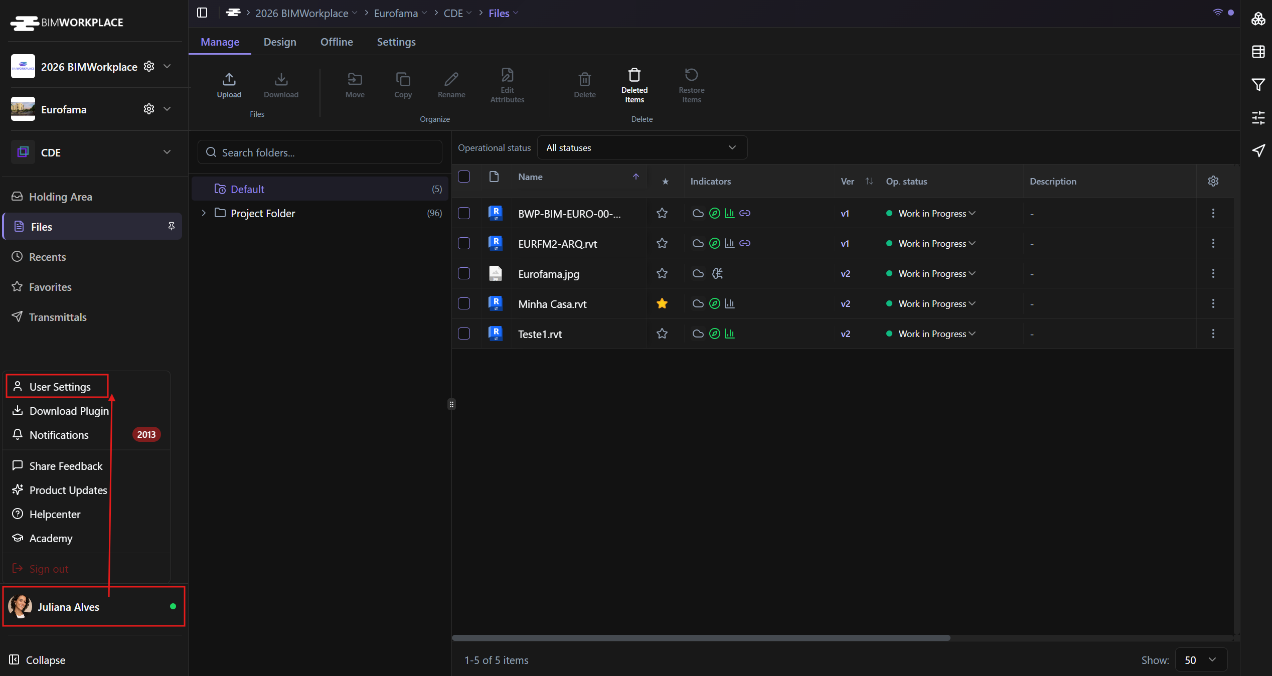 User menu open with User Settings highlighted.