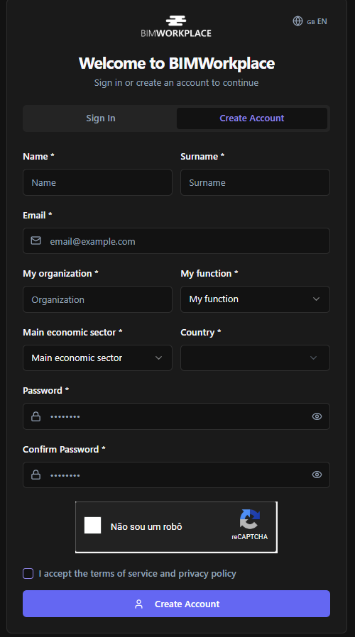 Create Account form with user information and password fields.