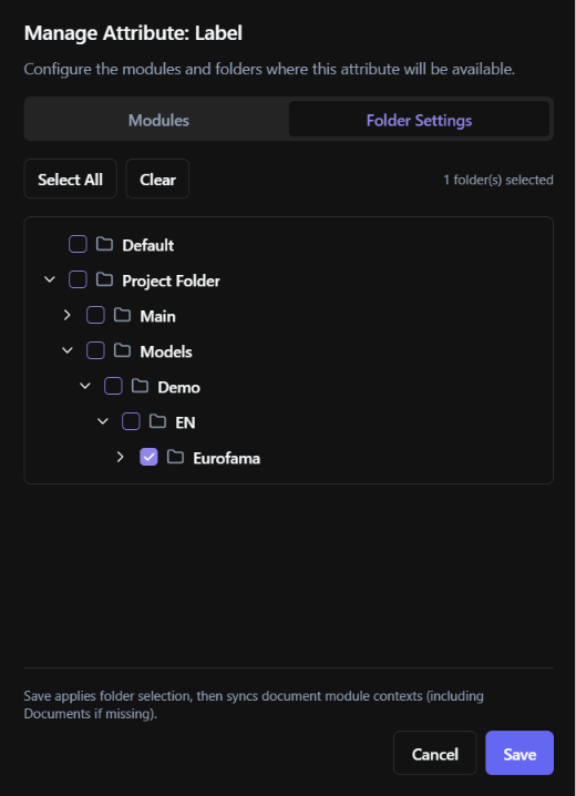 Folder Settings tab showing selectable CDE folders.