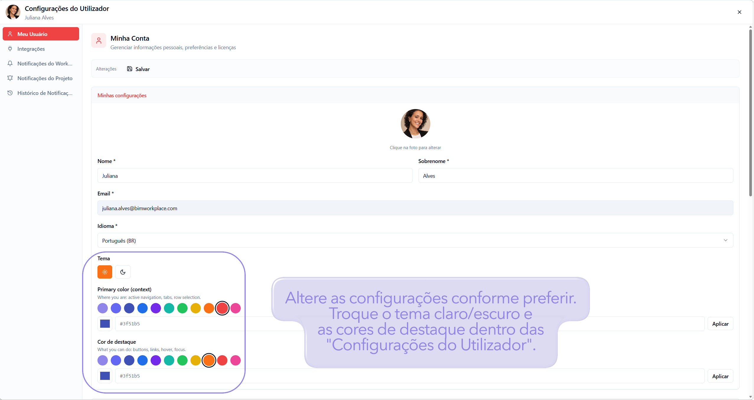 User Settings showing how to change theme and colors.