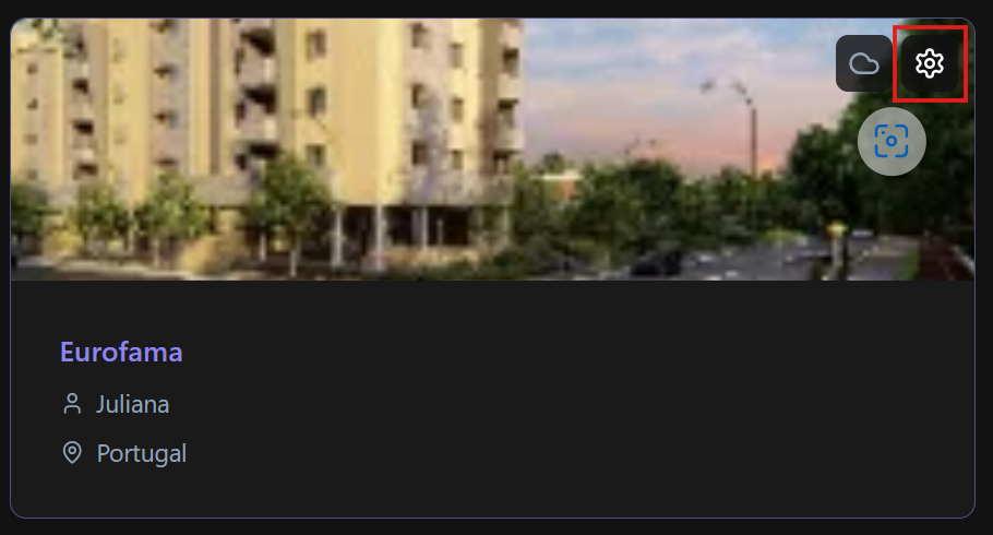 Projektkarte mit dem Einstellungssymbol über dem Projektbild sichtbar.