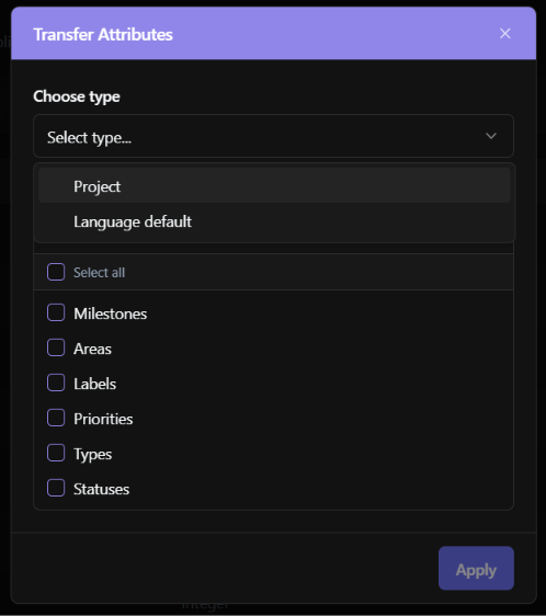 Transfer Attributes panel showing source project or language selection.