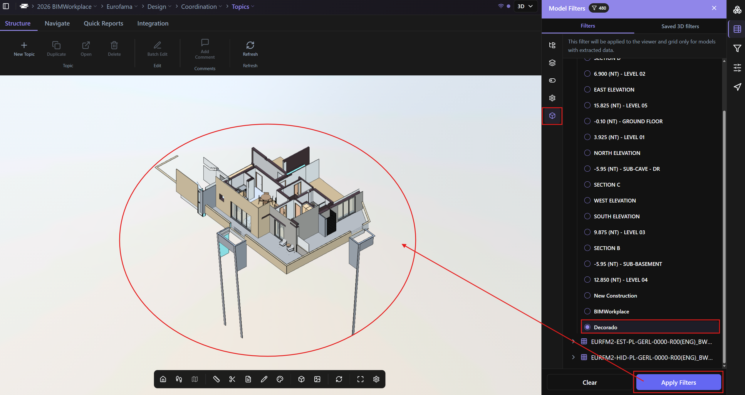 3D Views filter tab showing available views for an uploaded Revit model.