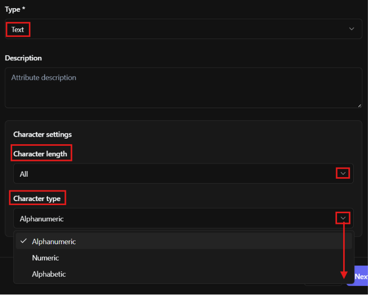 Custom attribute with Text type selected and validation options visible.